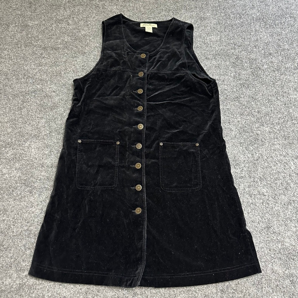 Eddie Bauer Dress Womens Size M Petite Black Cotton Velvet Button Front Jumper